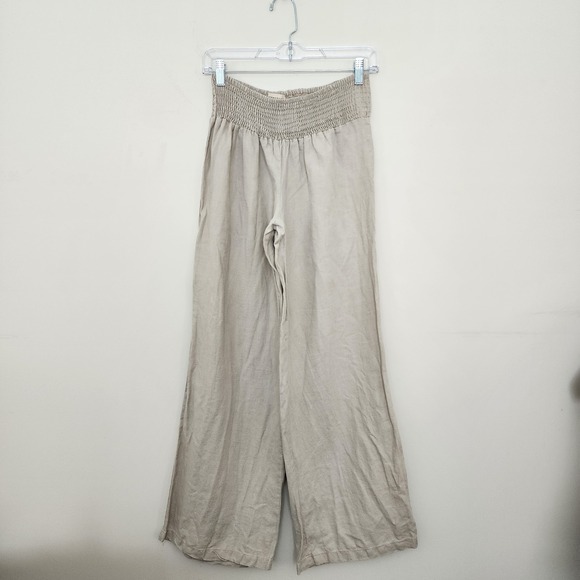 twentyone Pants - Twentyone Womens XS 100% Linen Wide Leg Pants Smocked Waist Beige Made in USA